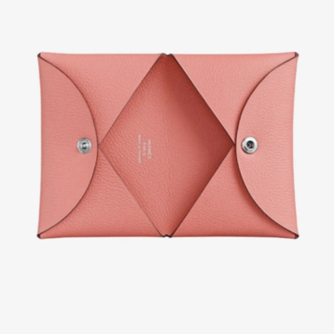 99新 Hermes/爱马仕 clavi藕粉色银扣e皮Q卡包