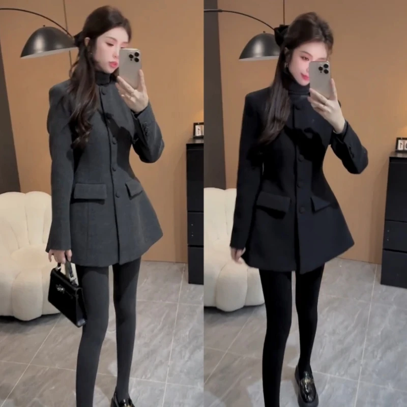 沙漏腰显瘦毛呢中长款女士西装外套秋冬气质休闲