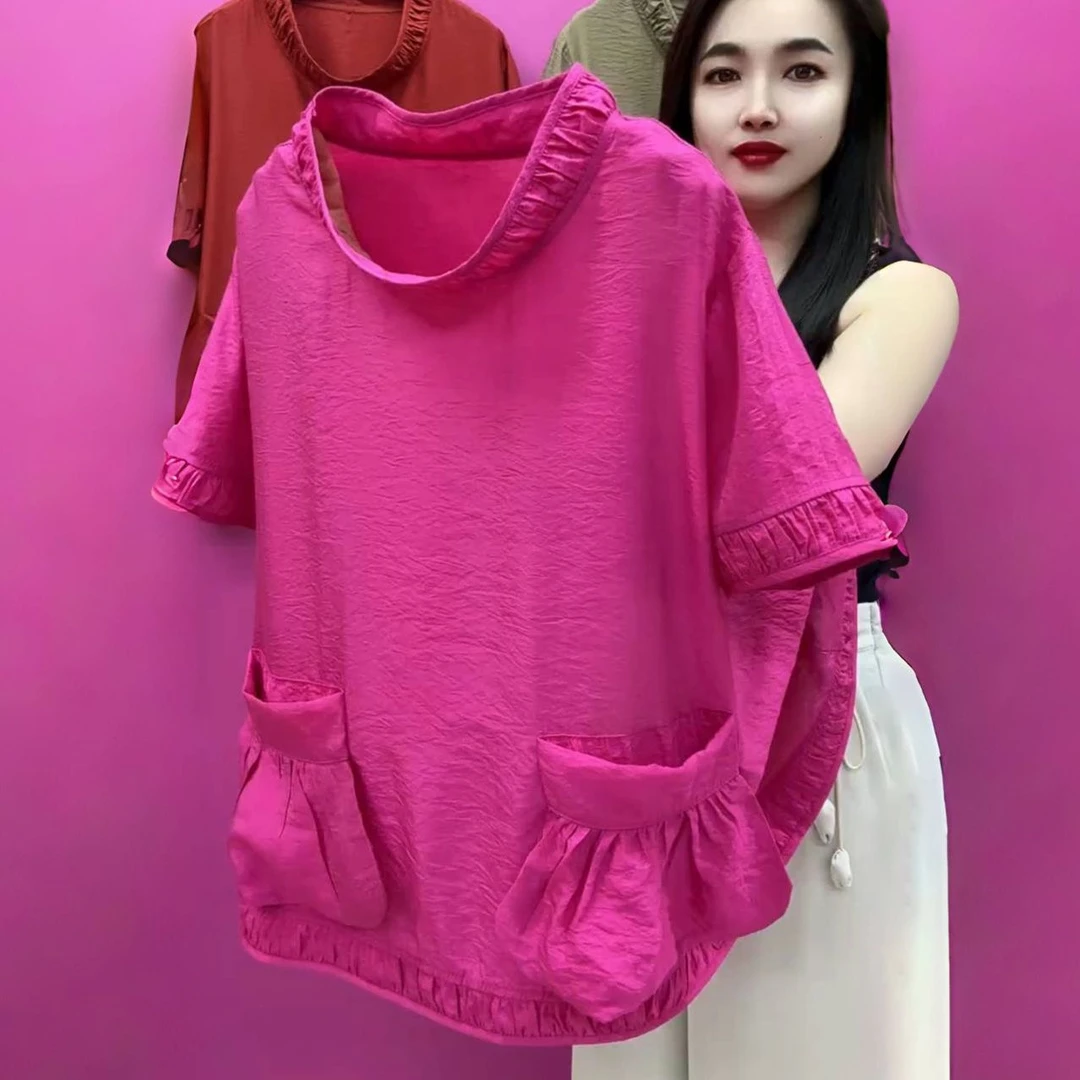 2025新款时尚百搭短袖口袋宽松圆领T恤大版衫休闲夏装高贵上衣女
