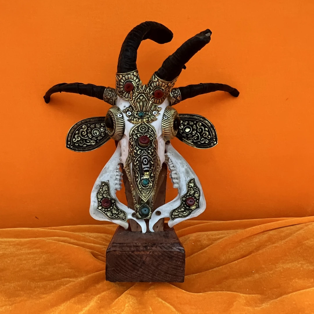 藏式包铜羊头骨工艺品 手工镶铜羊头标本 壁挂装饰 摆件店面装饰