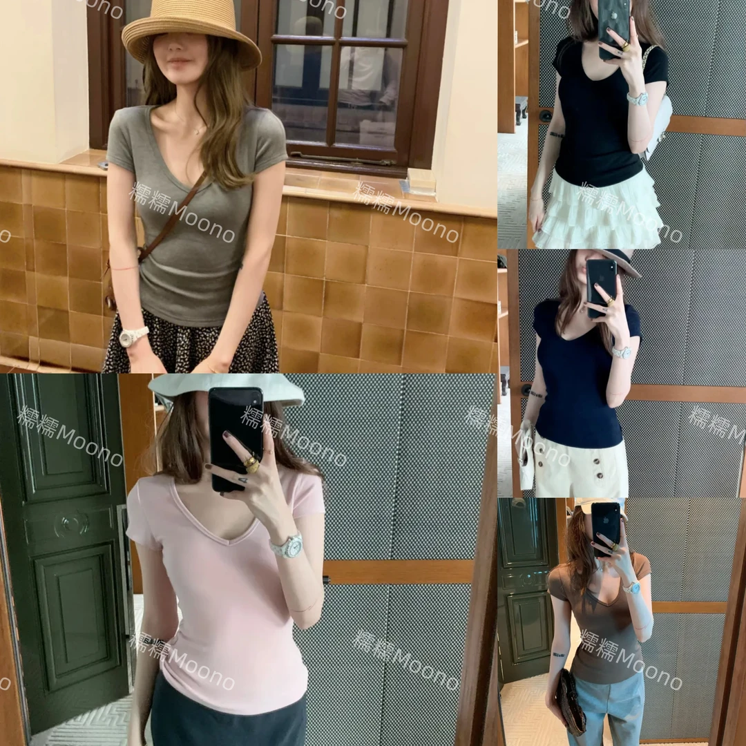 蘑糯糯 多色圆领/V领T恤2025夏季新款百搭显瘦女修身正肩短款上衣