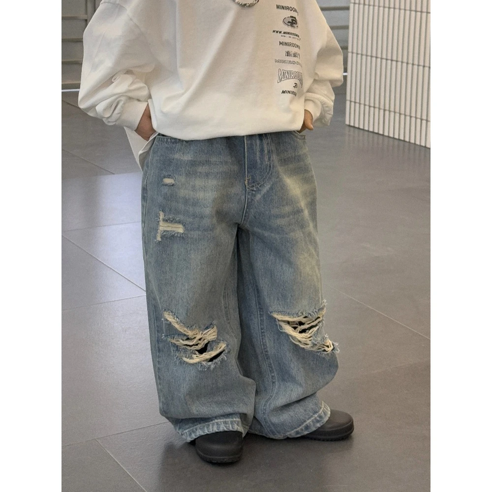 2025春季新款童裤男童女童阔腿裤牛仔裤长裤中童裤脚磨破潮酷