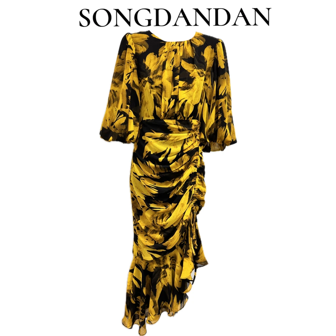 【DDS】夏季新款碎花灯笼袖褶皱不规则显瘦女装连衣裙