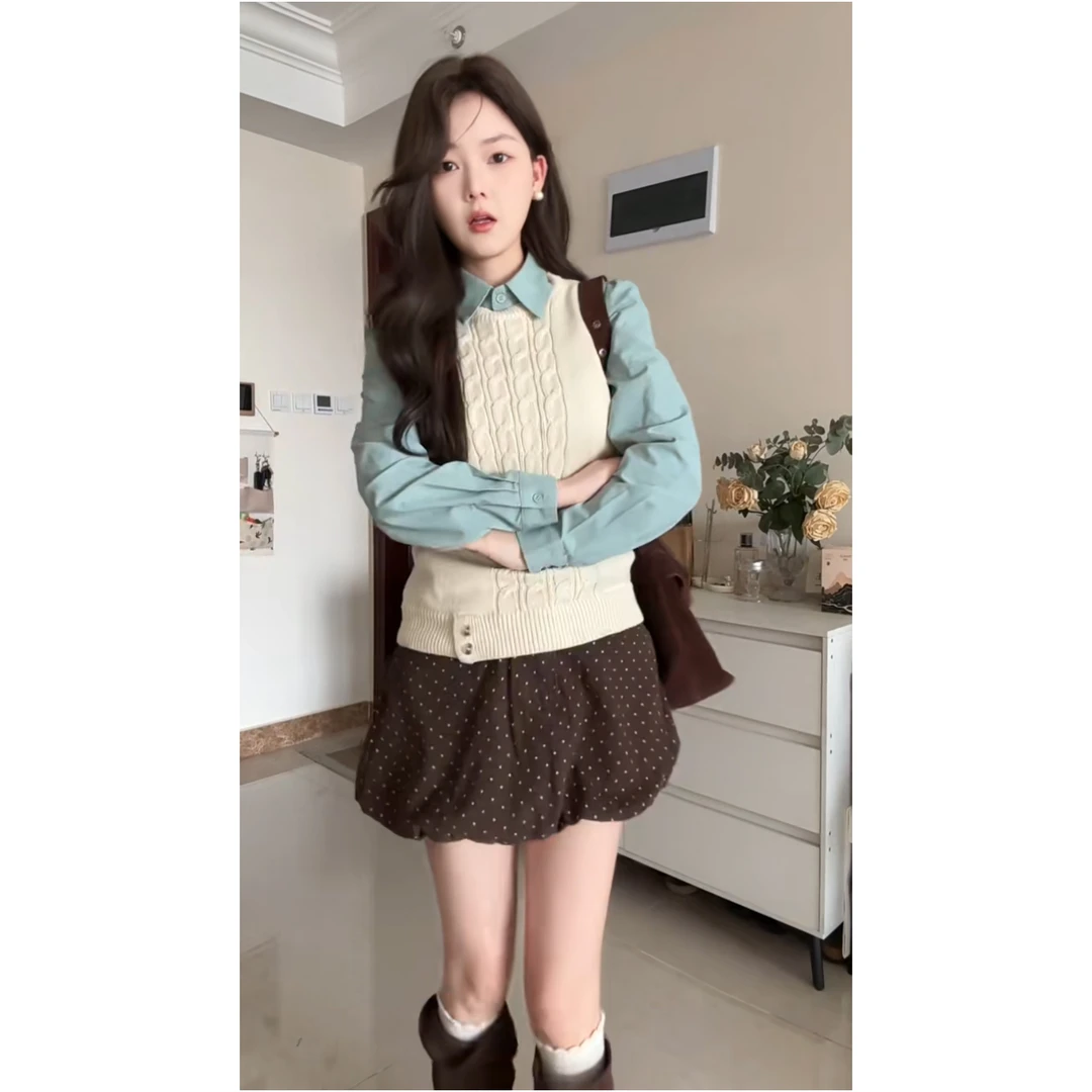 MARIE.COCO秋冬巨好看学院风衬衫波点半身裙叠穿针织复古马甲套装