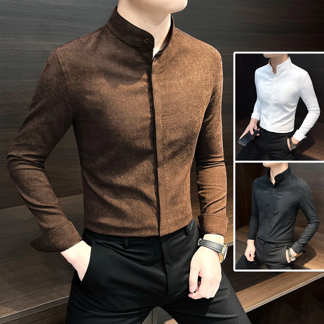 立领衬衫长袖男款2025新款秋季款新中式暗扣潮流西装内搭男士衬衣