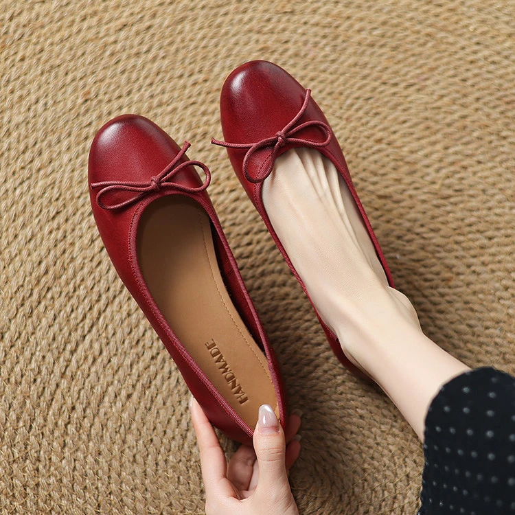 34-39码水洗头层牛皮一脚蹬浅口单鞋韩版平跟蝴蝶结玛丽珍百搭