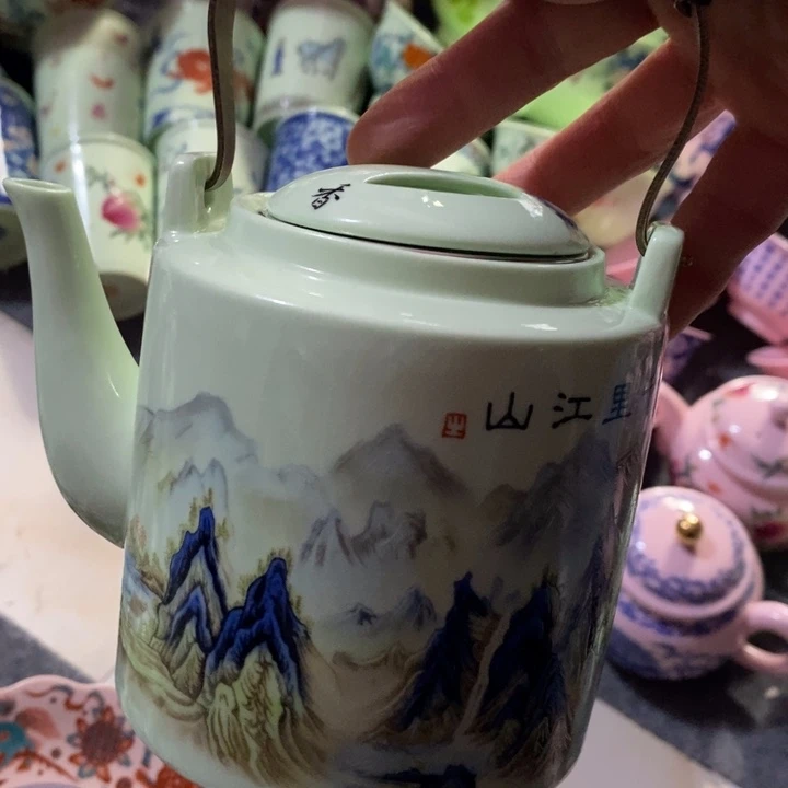 摆件陶绿稀土山水迷你提梁壶