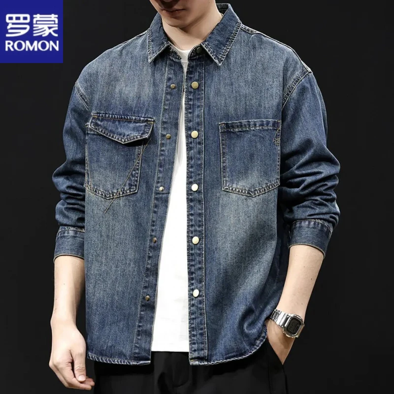 罗蒙高端潮流牛仔衬衫男外套2025春季时尚男装大男士休闲夹克上衣