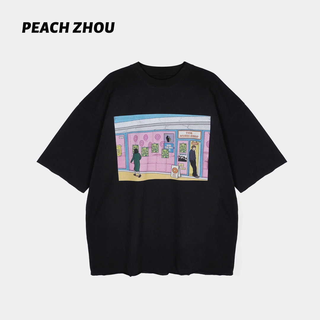 『PEACHZHOU』黑胶唱片漫画印花阔版美式休闲宽松圆领中性短袖T恤女