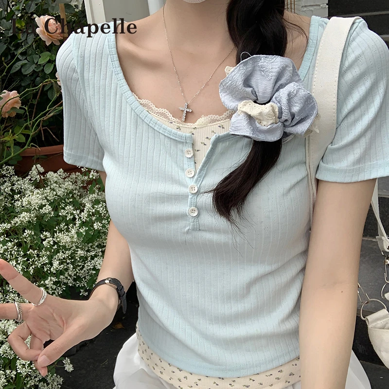 拉夏贝尔碎花假两件正肩短袖t恤女款2025新款大码设计感短款上衣