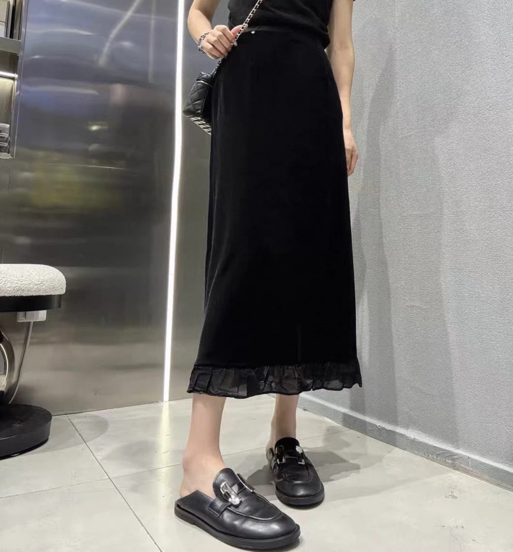【唯美女装】木耳蕾丝边～直筒洋气显瘦丝绒长裙