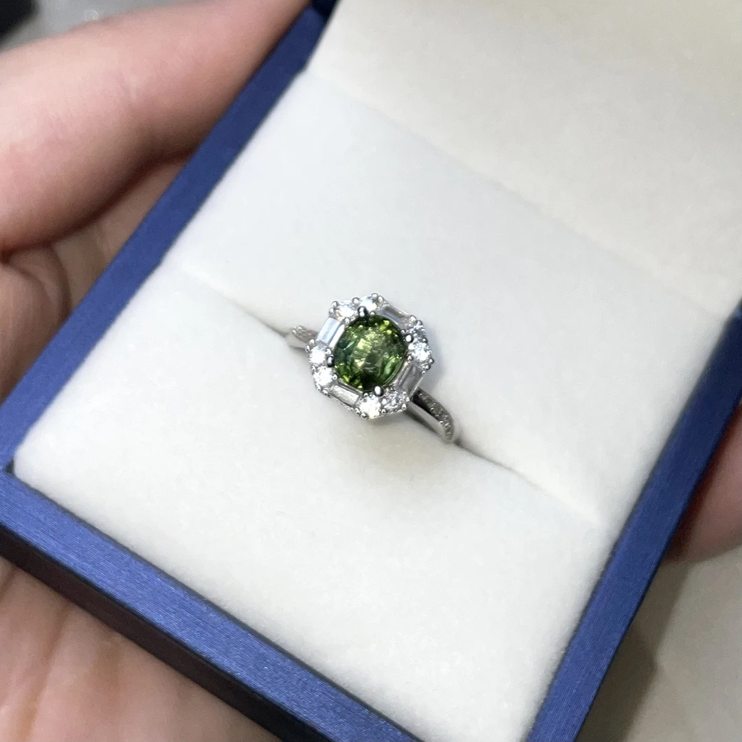 天然碧玺戒指女款绿色珠宝首饰正圆时尚s925银活口可调节百搭