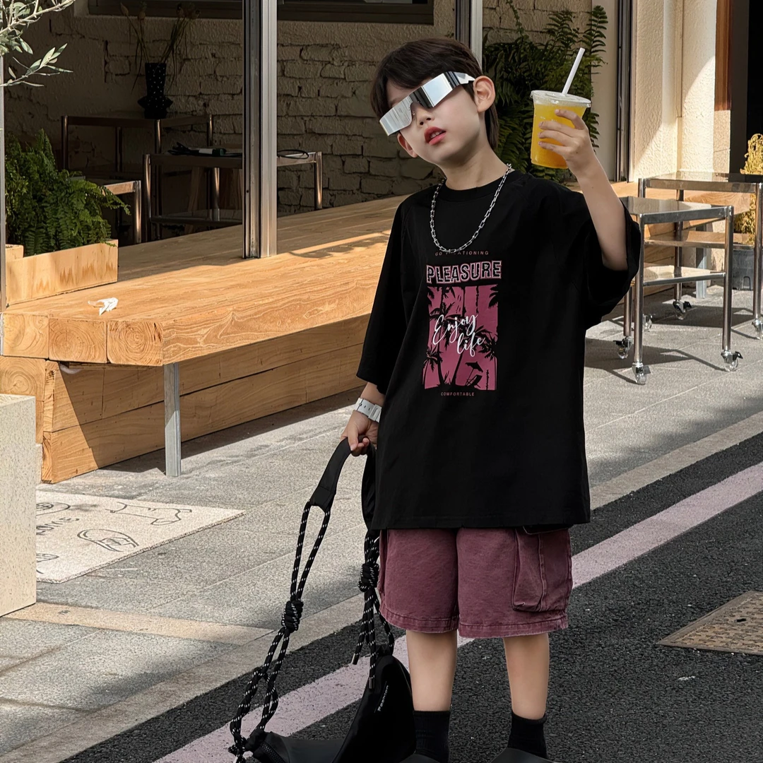 2025夏季新款韩版男童美式街头短袖T恤儿童上衣透气时尚潮