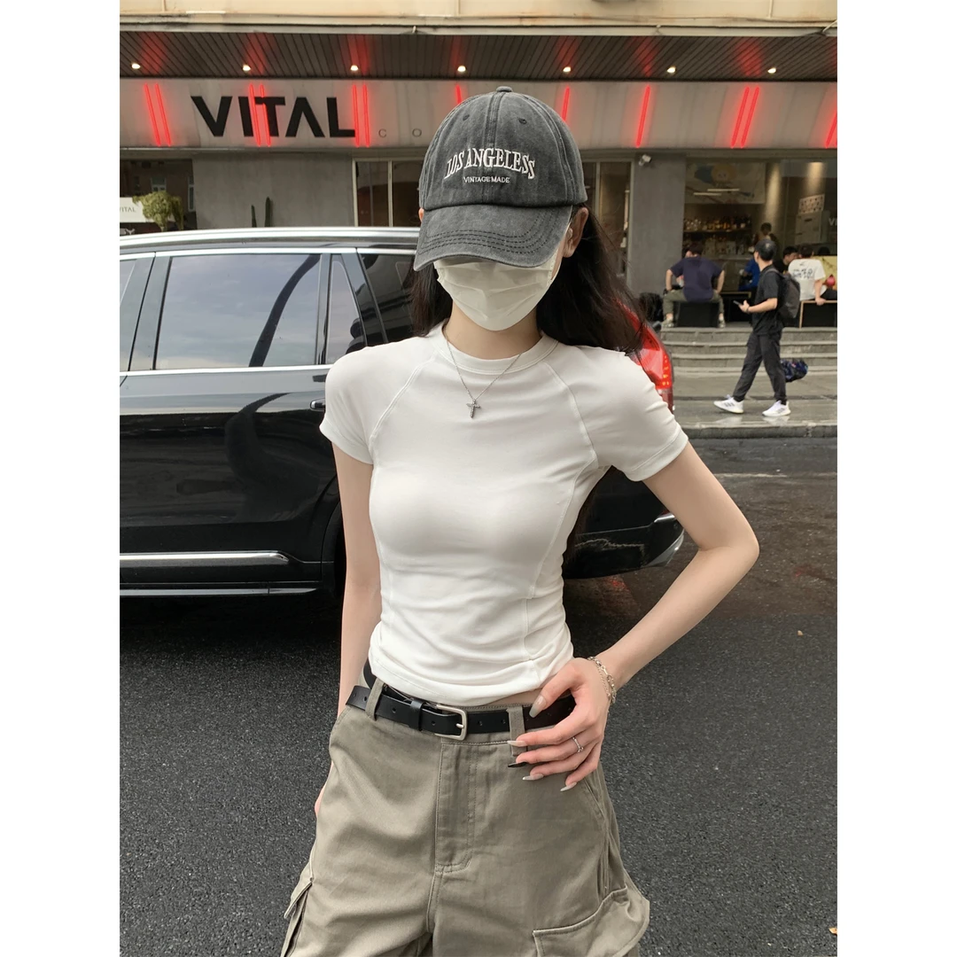 白色插肩短袖女夏季修身小圆领百搭辣妹风短款上衣鱼骨线正肩T恤