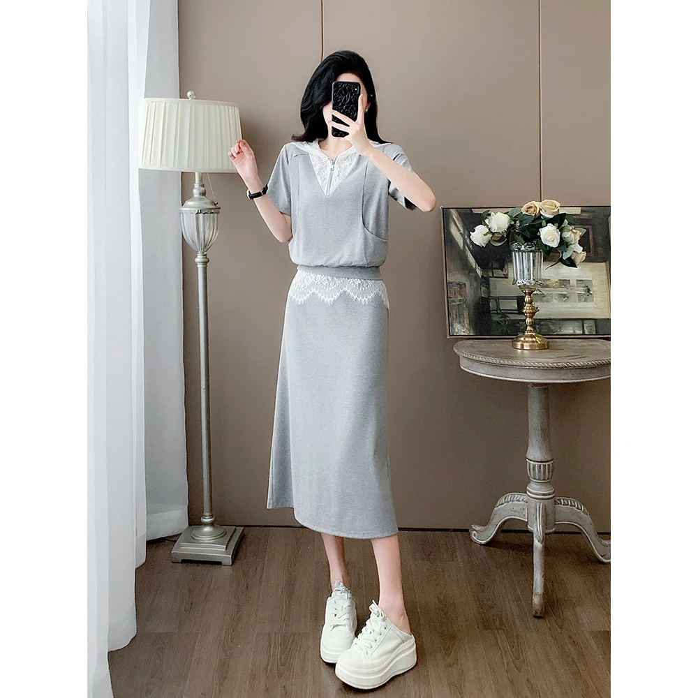 法式洋气休闲运动套装女夏拼接蕾丝气质灰色短袖上衣半身裙两件套
