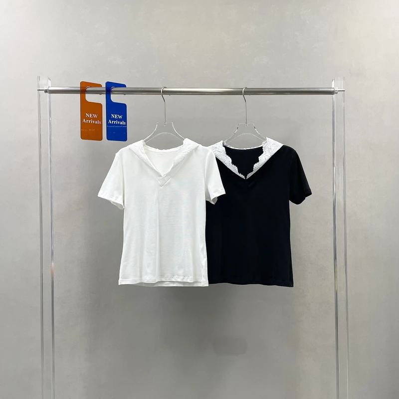 洋气减龄拼蕾丝连帽正肩短袖T恤女春夏新款简约修身显瘦上衣5895