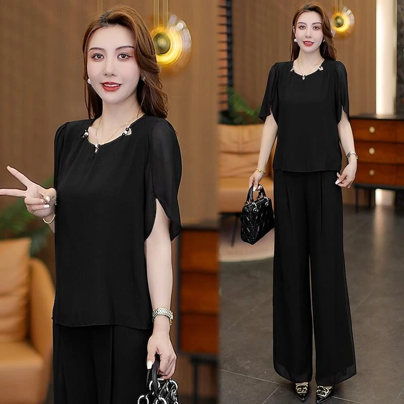 时尚时尚冰丝套装女士夏季新款洋气减龄雪纺上衣高腰阔腿裤时髦两