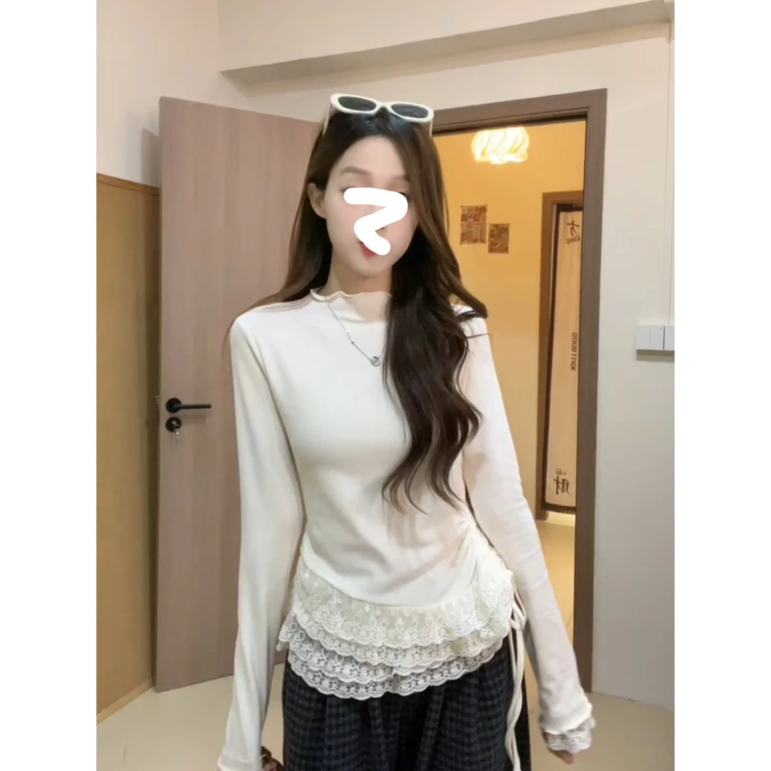 【8288桃】法式加绒内搭打底衫大码胖mm设计感蕾丝花边显瘦上衣女