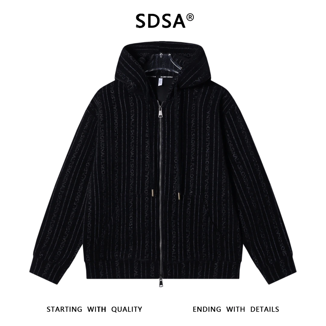 SDSA男士秋冬新款痞帅男装高街竖纹字母拉链连帽卫衣开衫百搭上衣