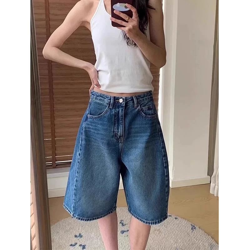 复古蓝色a字牛仔短裤女夏季韩系高腰显瘦直筒阔腿五分中裤子