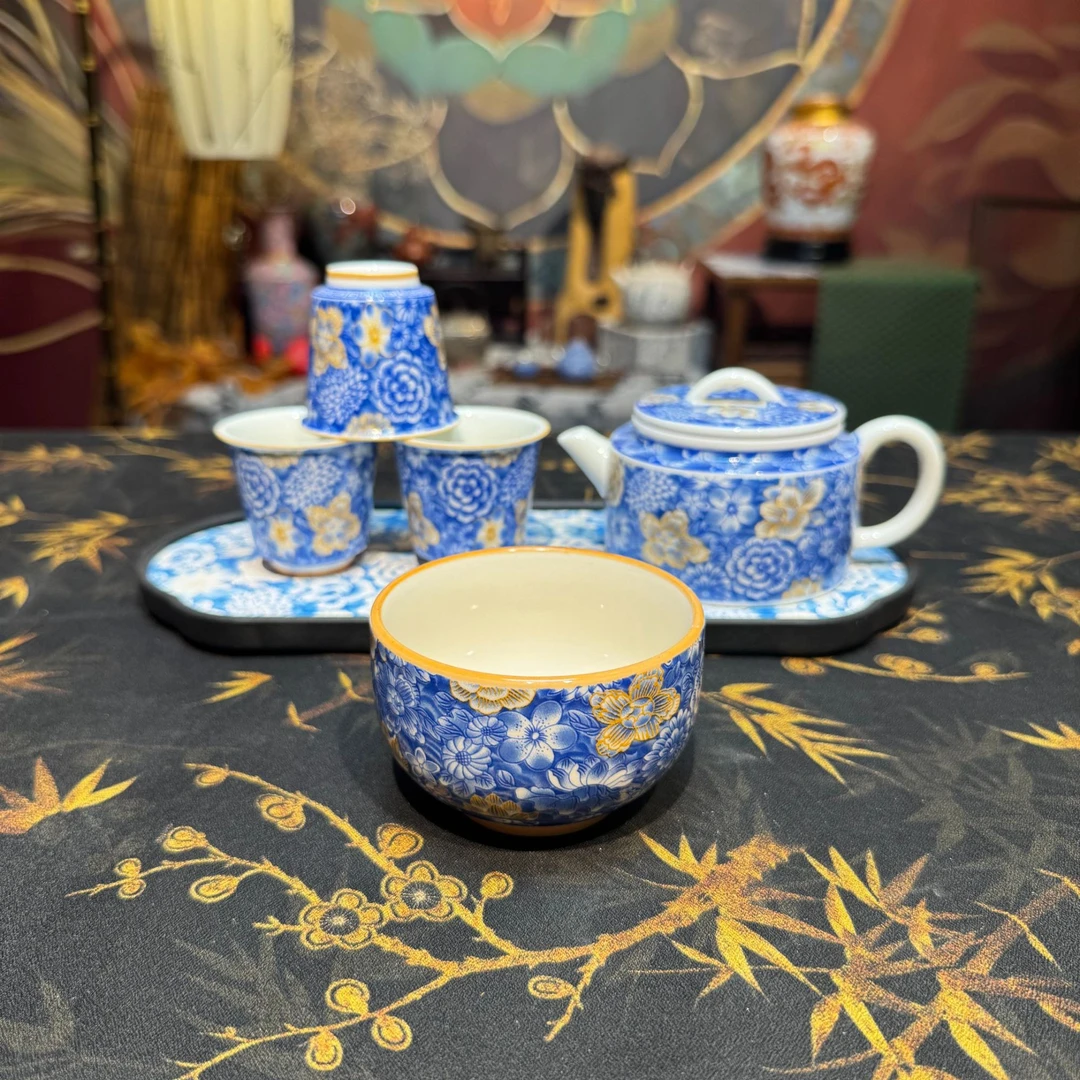 圣藏草木灰万花汉瓦壶功夫茶壶大容量茶壶+主人杯+客杯*3+茶盘