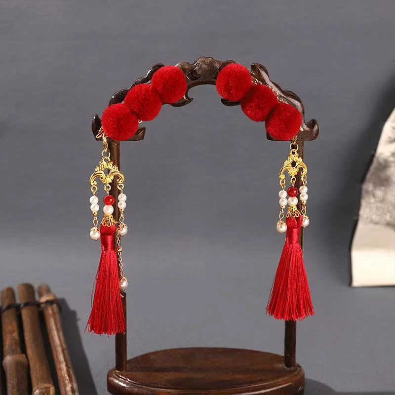 春晚同款brez2024秋冬新款新中式糖葫芦红色流苏毛球发夹汉服发饰