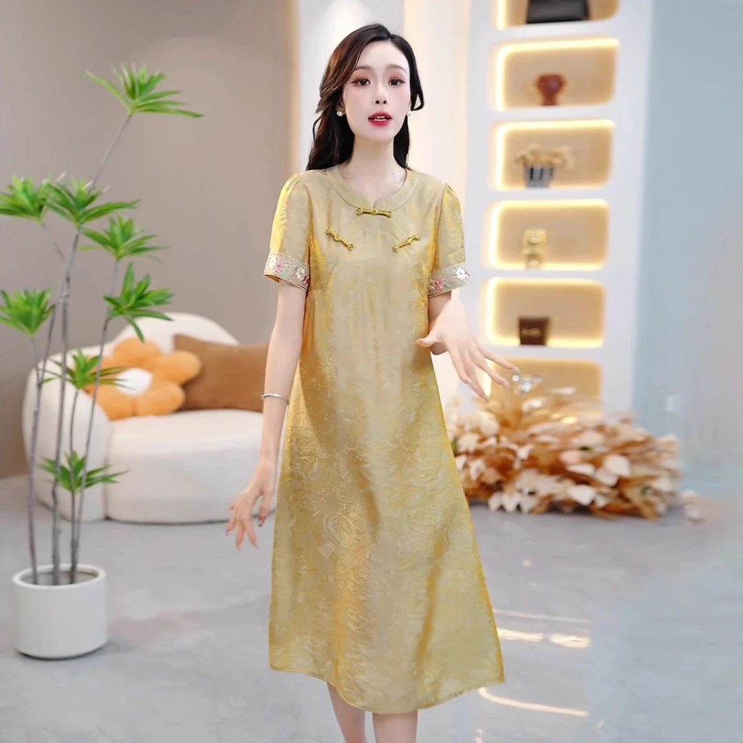 新中式国风连衣裙2025夏季新款时尚妈妈装轻奢减龄中长款a字裙子