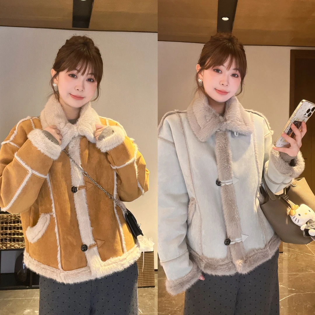 【小小媛专属】韩版毛毛宽松时尚短款皮毛一体短外套高级显瘦气质