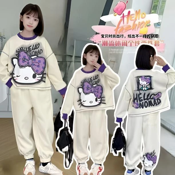 新款秋装潮流春秋女童中大童卡通猫咪时尚洋气宽松韩版网红同款套