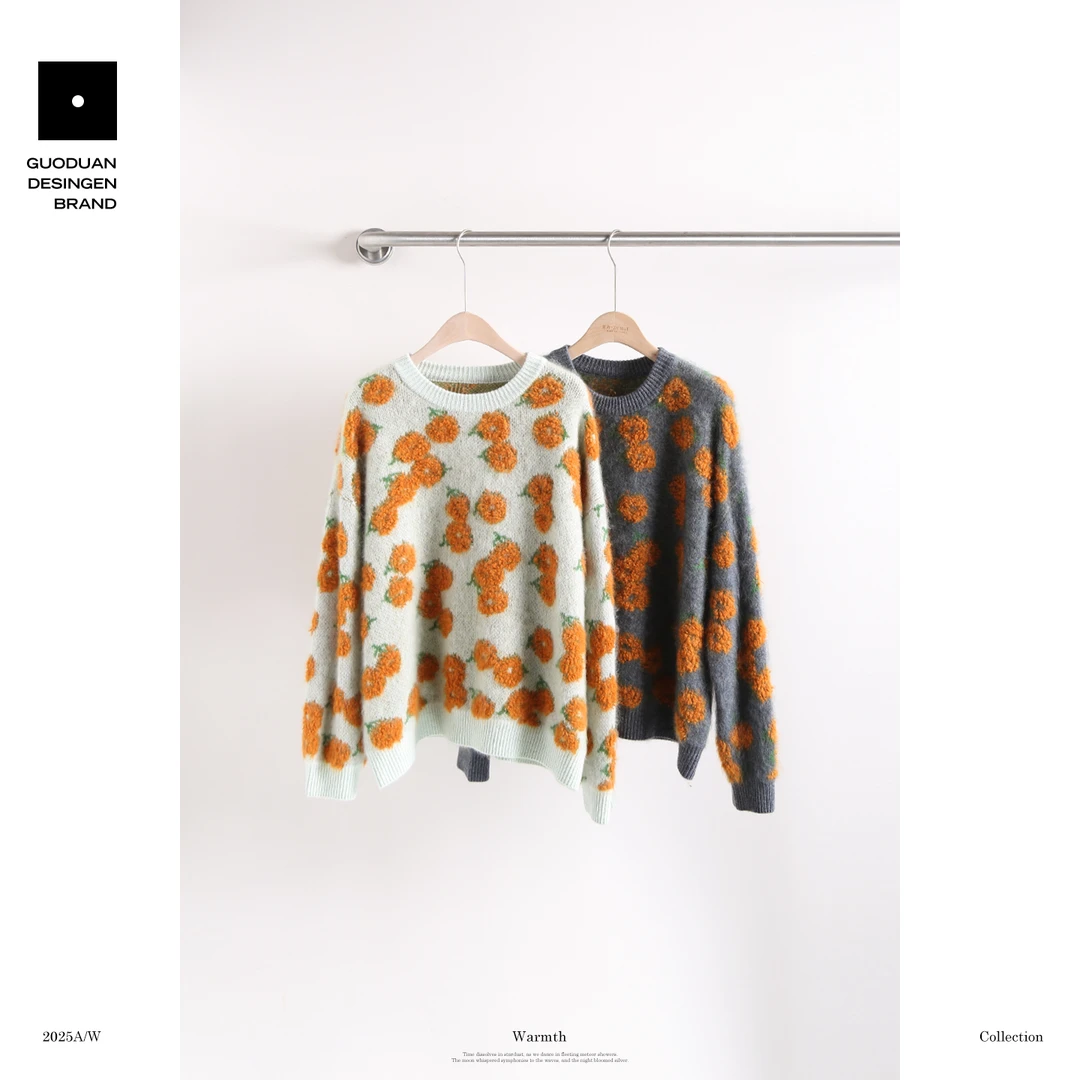 果缎 立体花朵羊毛衫宽松圆领百搭舒适软糯针织上衣MJK3-KK919