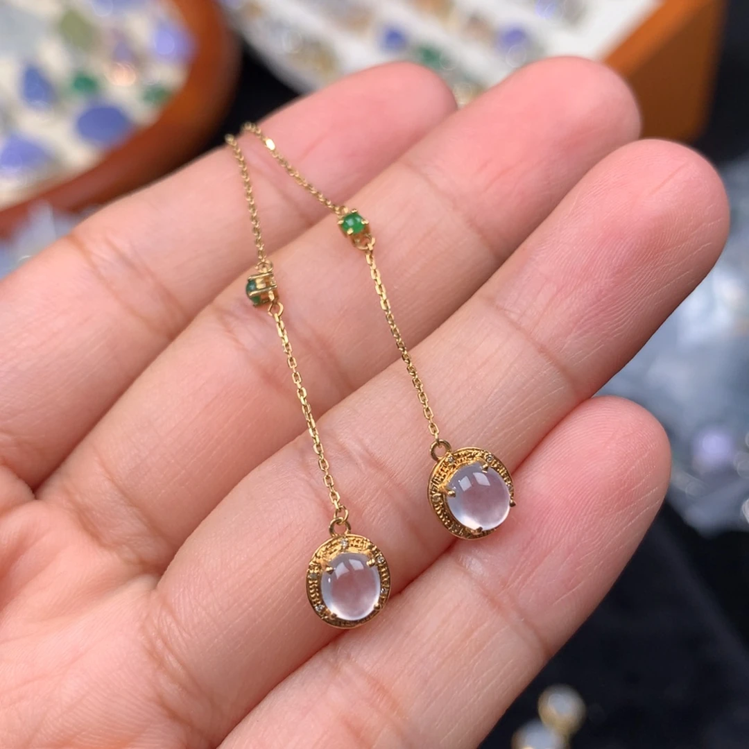 翡翠18K金镶嵌耳饰·***·蛋面耳线