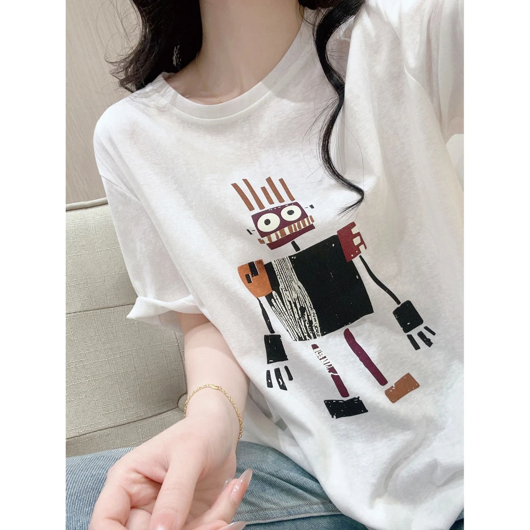 韩版雪花棉卡通印花短袖白t恤女夏季宽松慵懒风圆领薄款垂感上衣