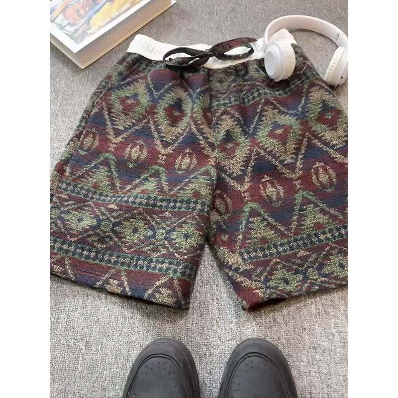 民族风提花针织短裤男款夏季美式vintage裤子宽松沙滩情侣五分裤