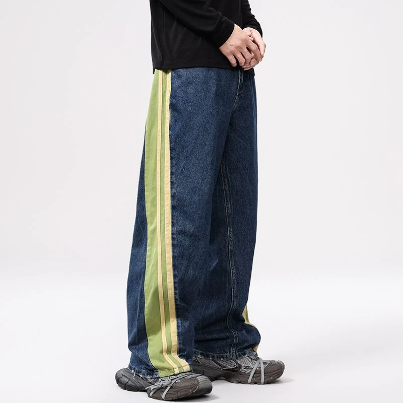 巴黎风轻奢男长裤子百褶纹理撞色线条拼接新款直筒牛仔裤宽松休闲