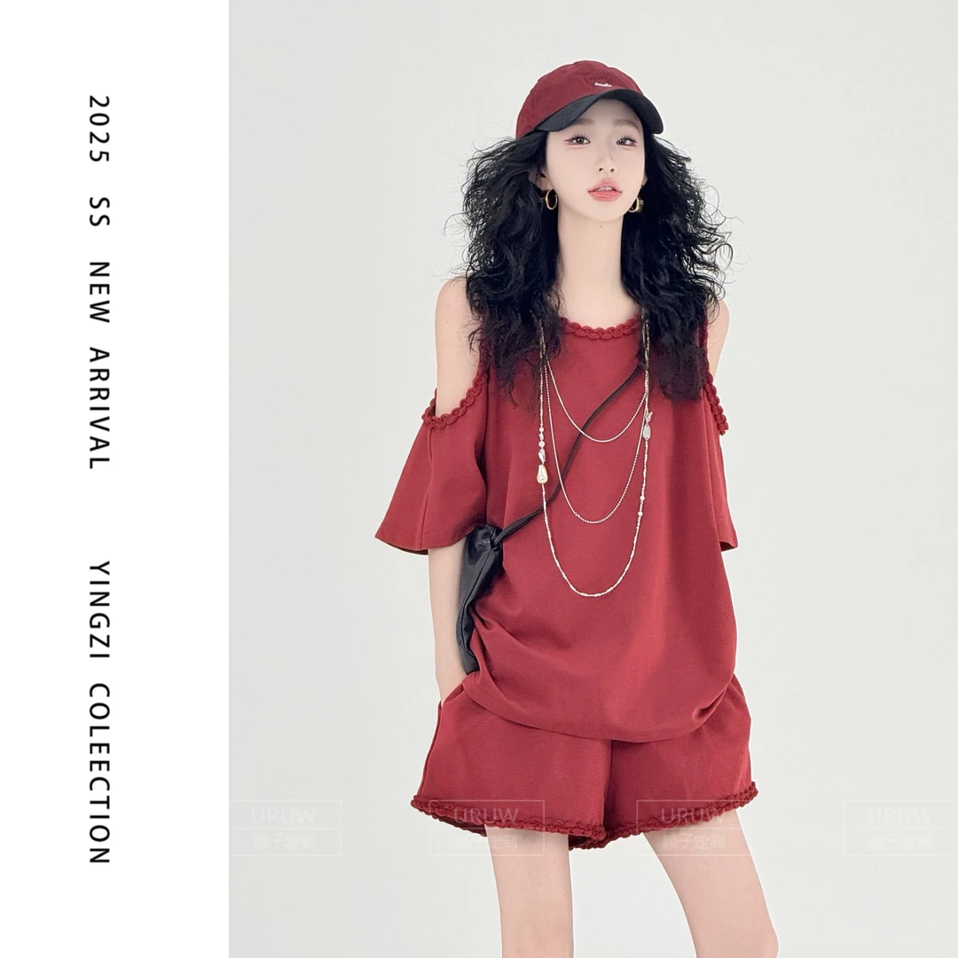 颖子定制【摩登教主】简约纯色花边上衣夏季休闲显瘦直筒短裤9669