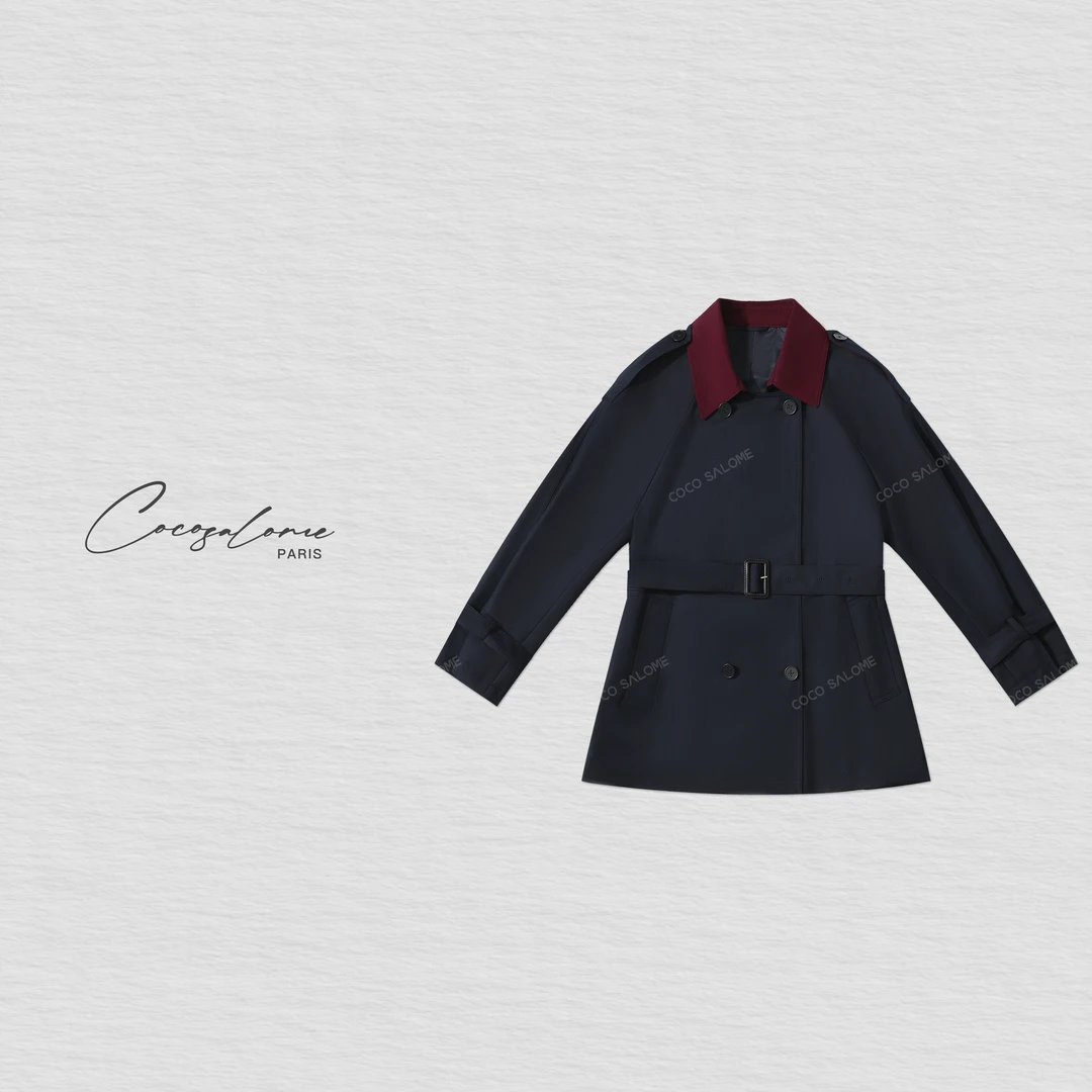 韩彬彬"Jennie"双抗垂感复古优雅撞色设计显瘦老钱风衣2166-1