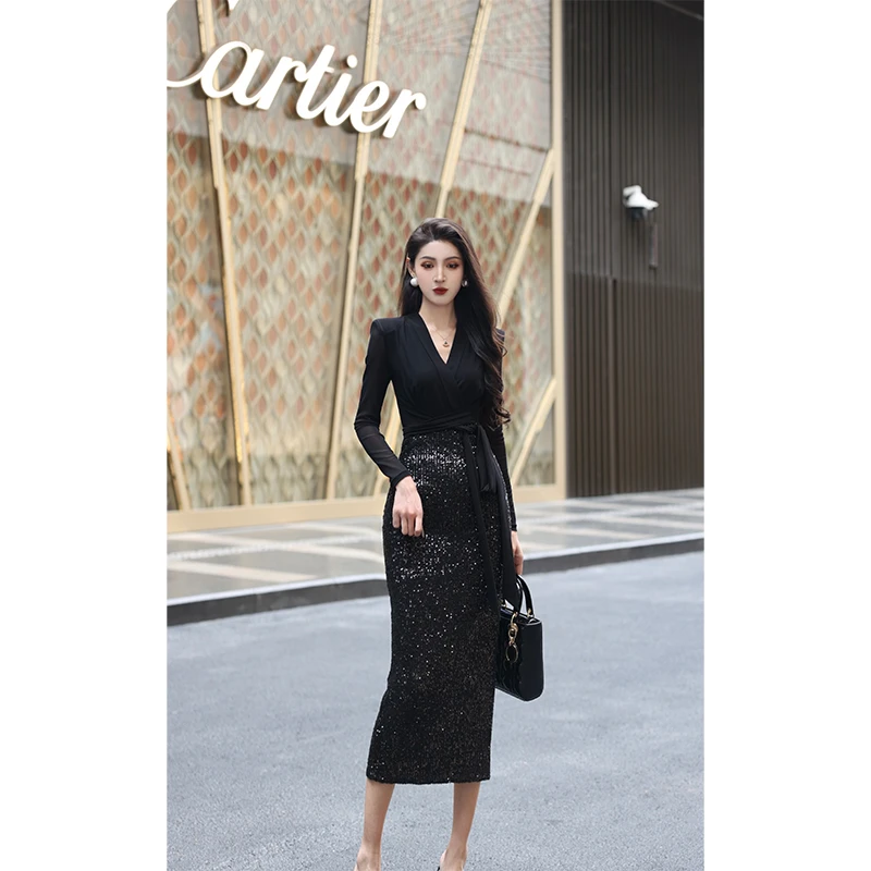 【尤克菲儿】“星吻”轻奢气质优雅高定亮片拼接细带显瘦修身连衣裙