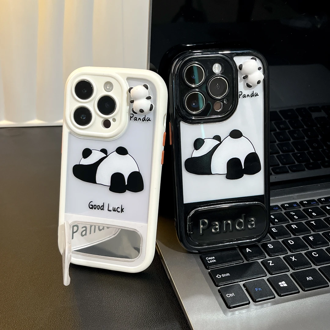 雅天立可爱熊猫镜面支架适用苹果16/15手机壳华为P70vivo小米oppo