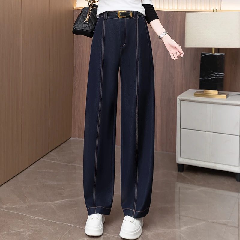抗皱高腰阔腿牛仔裤女士2025秋季新款高腰宽松遮胯显瘦直筒弯刀裤
