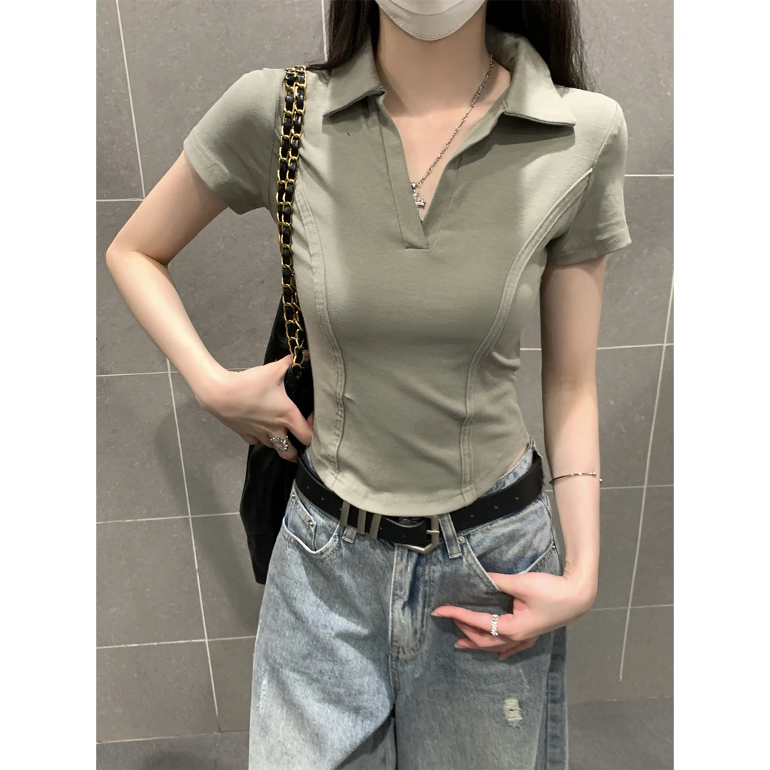 洗一美式复古短袖T恤女辣妹高腰短款翻领polo衫鱼骨修身显瘦短款