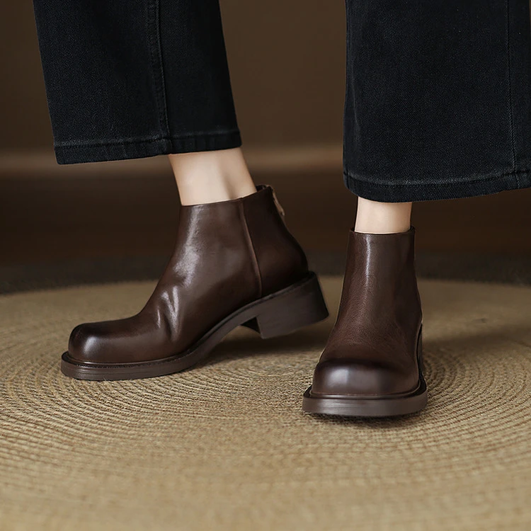 3.5cm~法式复古时尚百搭短筒女靴2025秋冬新款真皮粗跟真皮及踝靴