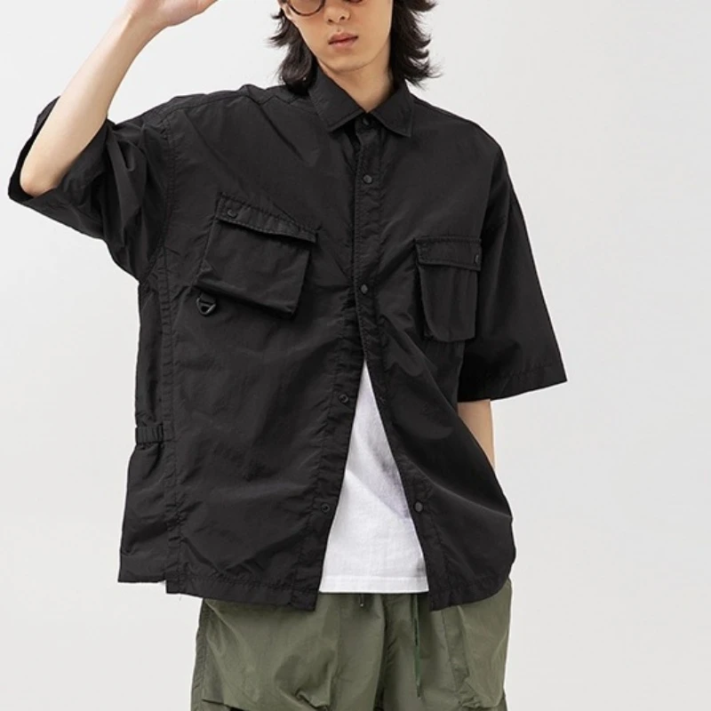 美昊男款夏季运动速干短袖复古休闲衬衫ins衬衣外套上衣春夏山系