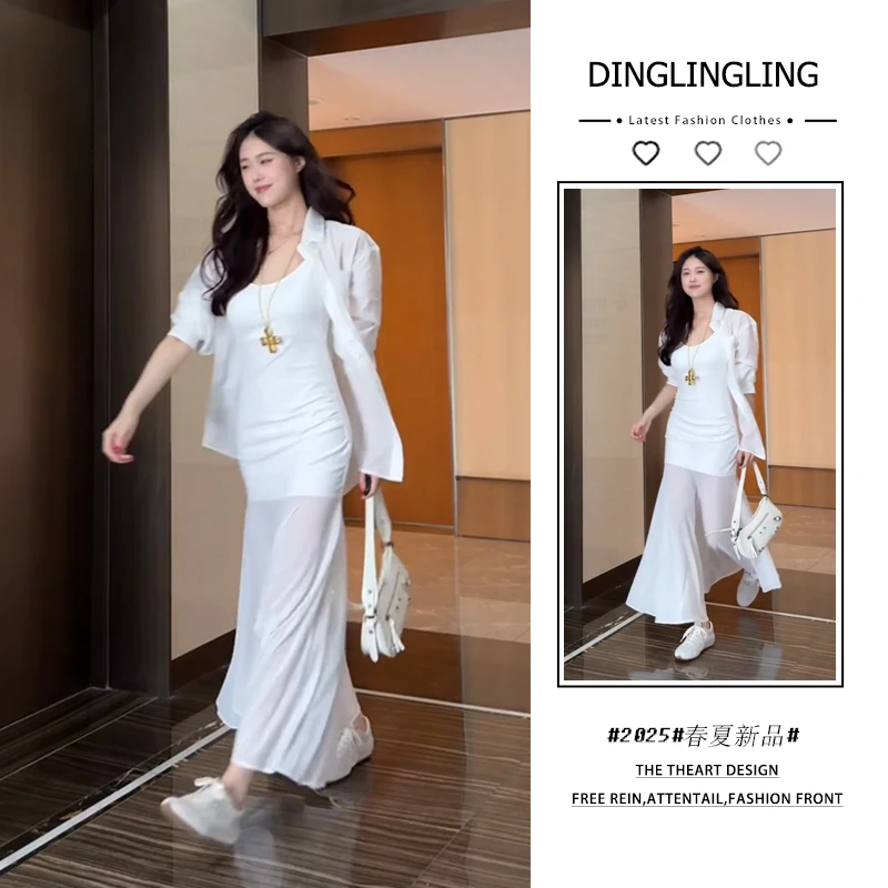 2025年春秋冬新款韩穿搭套装女宽松温柔慵懒衬衫吊带连衣裙两件套