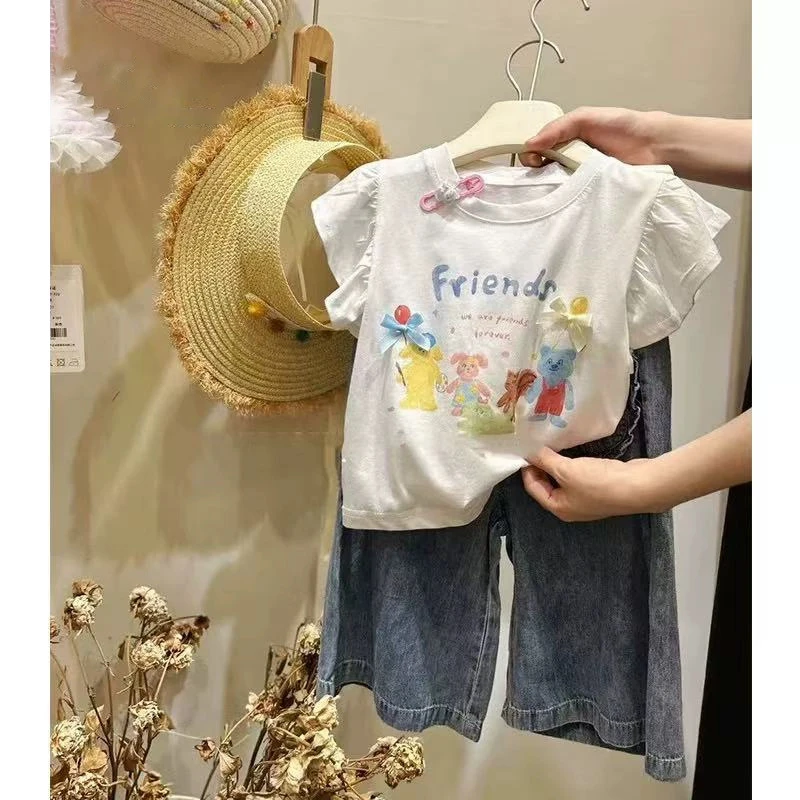 2025新款女童短袖T恤夏季洋气儿童卡通白色甜美宝宝上衣童装可爱