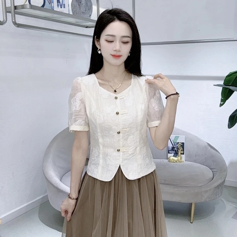 A8377夏季新中式复古盘扣衬衫遮肉减龄清新洋气百搭显瘦上衣