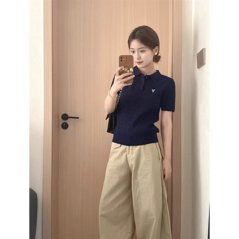 藏青色刺绣Polo领冰丝针织衫夏季正肩短袖女t恤显瘦独特韩系上衣