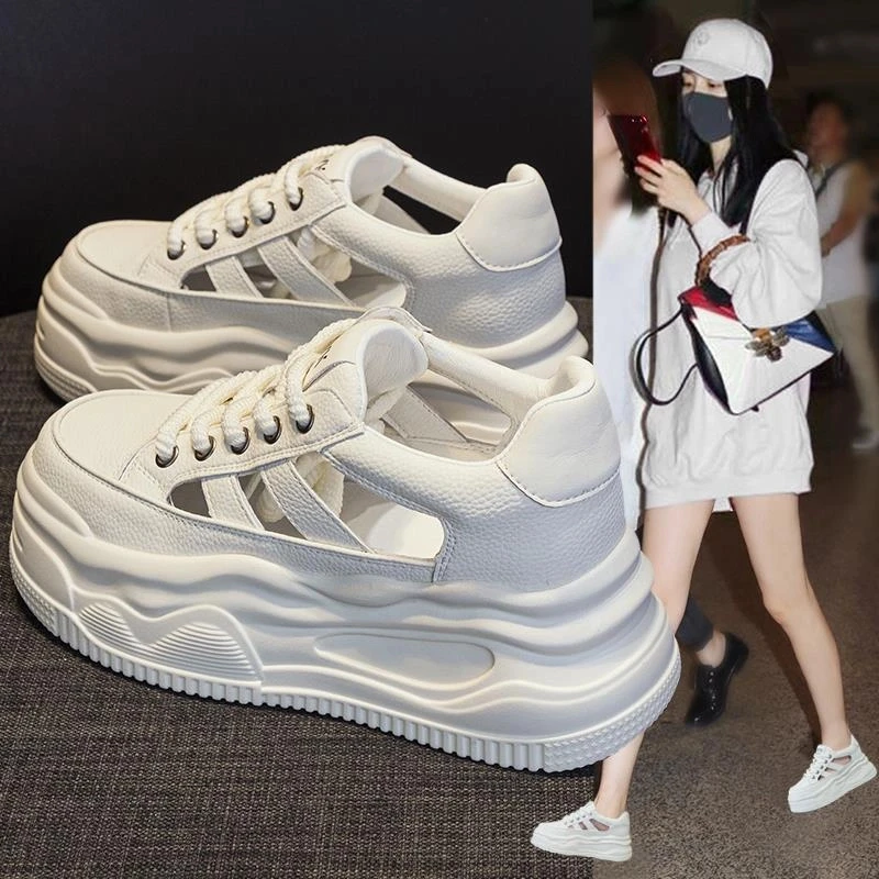万达撤柜头层牛皮内增高小白鞋女夏季2025新款厚底小个子运动凉鞋