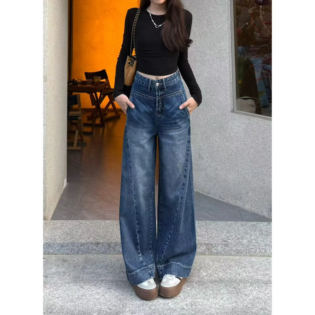 复古蓝秋季新款高腰女牛仔裤时尚百搭显瘦韩式风格直筒阔腿裤