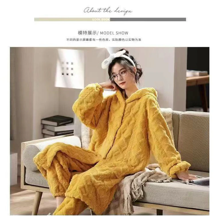 邹先森357-31加厚提花长款珊瑚绒睡衣女士秋冬季套装舒适甜美