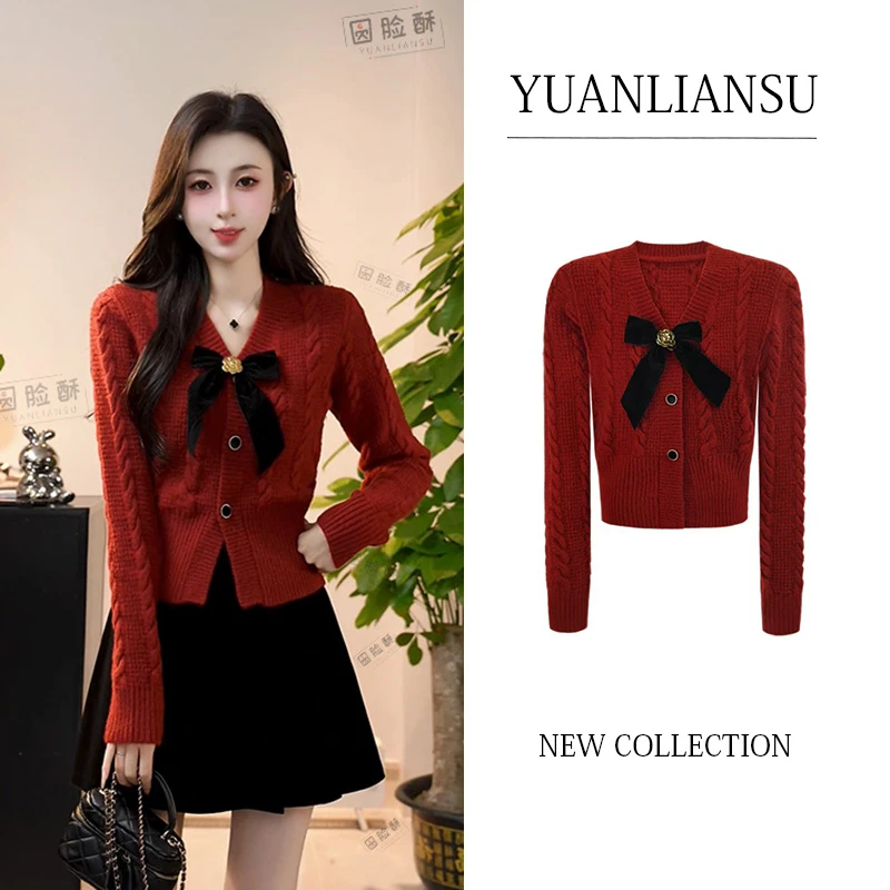 YUANLIANSU/圆脸酥【桃桃桑葚】秋冬新款小香风红色蝴蝶结百搭毛衣
